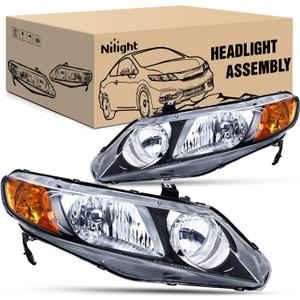 Nilight 2006 2007 2008 2009 2010 2011 Civic Headlights Amber Sedan 4 Door Only Headlights Assembly Headlamp Replacement, Driver and Passenger Side, Black Housing Amber Reflector (2006-20011 Civic 4Dr)