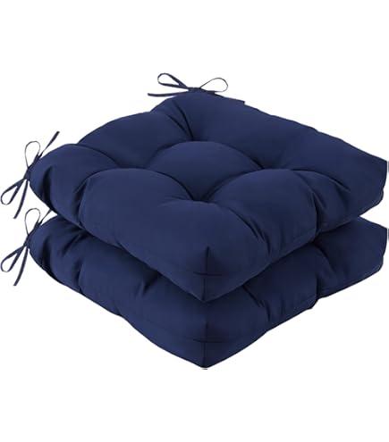Outdoor Chair Cushions, Outdoor Cushions, Patio Chair Cushions, Indoor Full-Length Ties for Non-Slip Support, Premíum Comfortable Thick Fiber, Set of 2 (Navyblue, 19 x19 Inch)