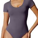 IUGA Bodysuits for Women Tummy Control Short Sleeve V Neck Body Suits for Wom Compression Slimming Thong Bodysuit (Pastel Violet), XXL