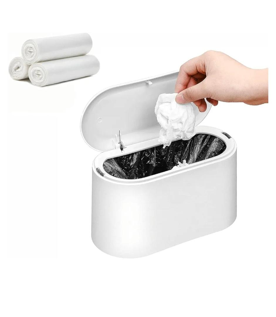 SUBEKYU Mini Can with Lid,Small Desk Can,Countertop Mini Garbage Cans,Tiny Waste Basket,White with 3 Roll Bags