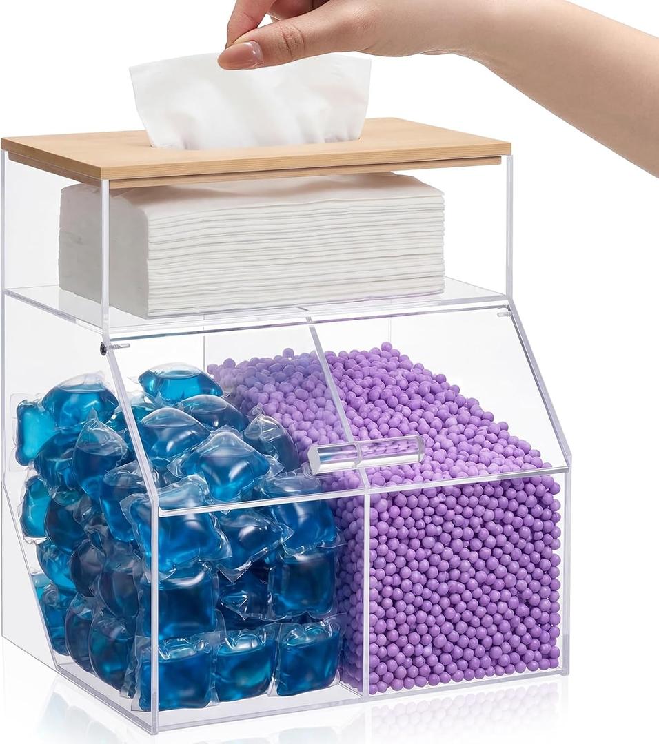 Juexica 3 in 1 Laundry Pods Container & Dryer Sheet Holder & Fragrance Beads Dispenser with Bamboo Lid Acrylic Dishwasher Pods Container Laundry Room Organization Storage for Room Kitchen Home