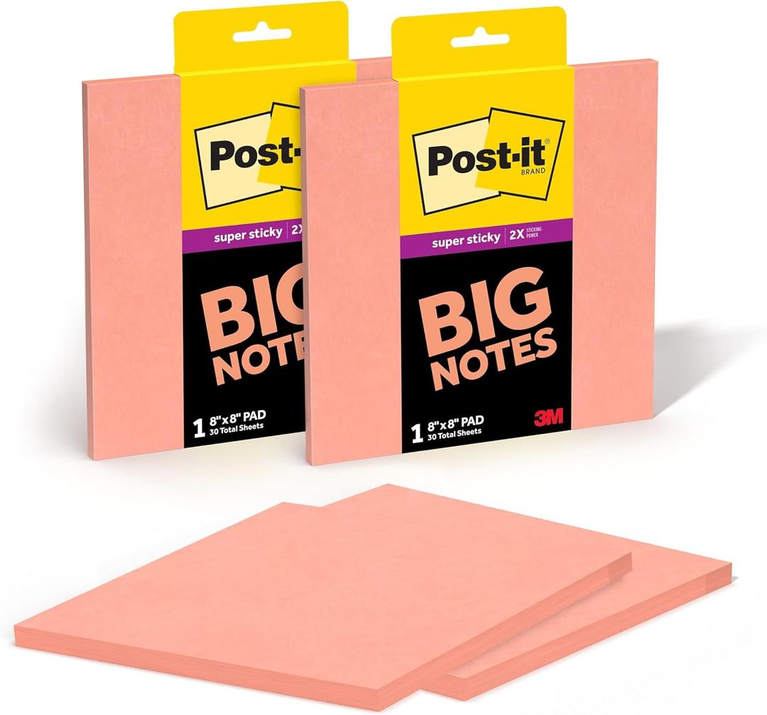 Post-it Super Sticky Big Notes, 8 in. x 8 in., Extra Large Sticky Notes in Papaya Fizz, 2 pads, 60 Sheets Total, Great for Vision Boards, Creative Projects, Study Spaces, Group Brainstorming, and More