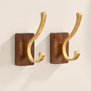 2 Pack Wooden Wall Hooks for Hanging, Adhesive Mounted Wall Mounted Boho Decorative Nature Wood Coat Hook for Towel Clothes Blanket Hat Backpack Robe Nursery Door Board Entryway Key Holder Gold (Gold Wall Hooks)