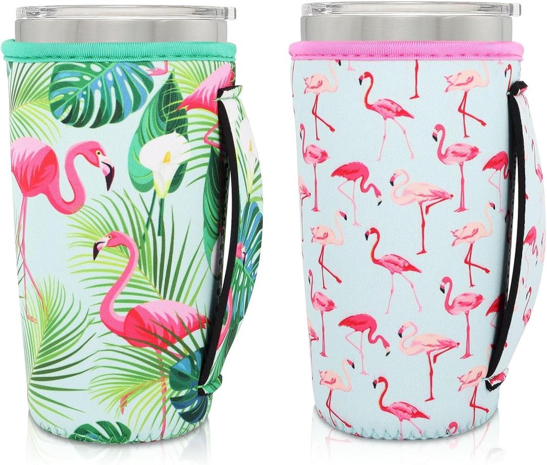 Neoprene Insulated Sleeves Cup Holder with Handle for 20oz Tumbler Cups, Reusable Iced Coffee Sleeve Compatible with Starbucks Trenta, Dunkin Large, more(Tropical Flamingo(2 Pack))