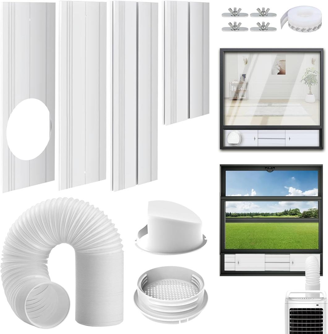 Yipoch Portable AC Window Vent Kit inclue 2M Exhaust Hose 5.9" & Waterproof Rain Cover & 4-in-1 Coupler Filter,Portable Air Conditioner Window Seal Kit with 4 Adjustable PVC Plates (17"Up to 59")