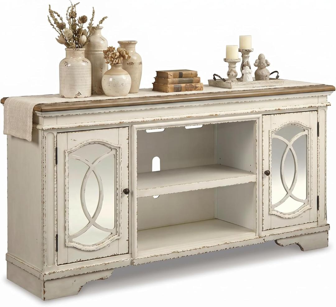 Signature Design by Ashley TV Stand, 74" White Farmhouse Media Console, 74" W x 18.13" D x 36.13" H