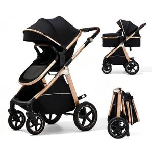 2-in-1 Convertible Baby Stroller, 0-36M Reversible Fully Reclining Seat, One-Hand Fold, All-Wheel Suspension, 5-Point Harness, Black