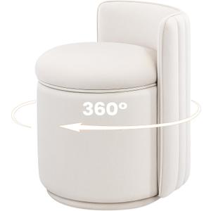Vanity Chair with Storage, 360° Swivel Velvet Makeup Stool with Wave Backrest, Modern Round Upholstered Closet Stool, No Assembly for Bedroom, Dressing Room & Living Room, White