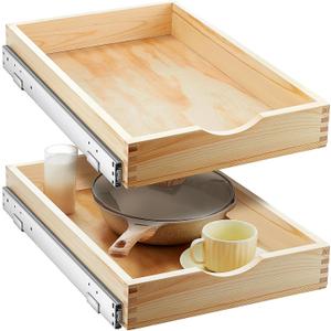 Menkxi 2 Set Pull out Tray Cabinet Organizer Wooden Pull Drawers storage Slide out Pantry Shelf for Base Cabinet Kitchen Gentle Close Fully Assembled Accessories(Wood Color,15'' X 21'' X 3'')