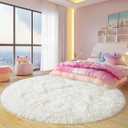 Xexsin Round Fluffy Rugs 5Ft for Girls Bedroom, Cream White Shag Circle Kids Rug Non-Slip for Bedside Dorm Nursery Playroom, Soft Cute Area Rugs for Living Room Decor