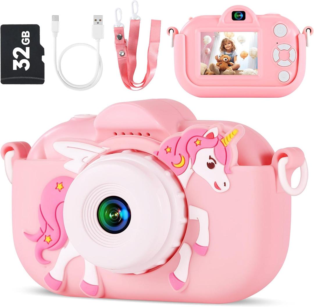 Kids Camera Toys for Ages 3 4 5 6 7 8 9 Girls, 48MP Dual Lens Toddler Digital Camera Christmas Birthday Gift, Kids Selfie Camera with 32G SD Card, Silicone Cover (Pink)