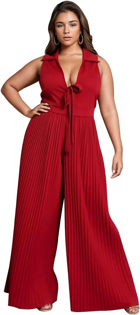 Women's Summer Casual Loose Tank Jumpsuit Sexy V Neck Front Tie Pleated Wide Legs Jumpsuit (3X-Large, Red)