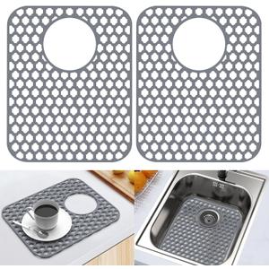 2 Pack Silicone Sink Protector for Kitchen Sink Bathroom, 13.58" x 11.6" Heat-resistant Sink Mat Non-Slip and Durable Silicone Protectors, Rear Drain, Gray