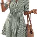 MASCOMODA Womens Puff Short Sleeve Striped Mini Summer Dress Spring Casual V Neck Button Down A Line Short Work Shirt Dresses (Green, M)