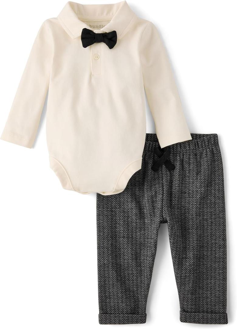 The Children's Place Baby Boys' And Newborn Long Sleeve Polo Bodysuit and Pants, 2 Piece Outfit (3-6 Months, Black)