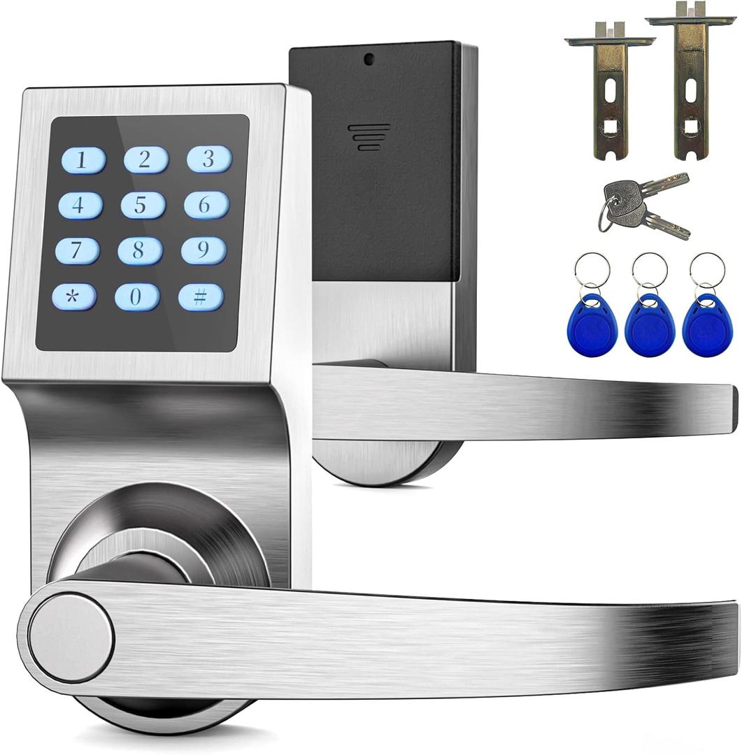Keypad Door Lock with Handle, Commercial Keyless Door Lock, Smart Door Locks for Front Foor, Keyless Electronic Digital Smart Door Lock for Bedroom, Office, and House Rental Silver