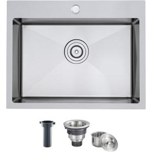 MENATT Brushed Nickel 20 Inch Drop in Kitchen Sink, 18 Gauge Stainless Steel Topmount Single Bowl 1 Faucet Hole Topmount Kitchen Sink with Drainer, D20"xW16"xH9"