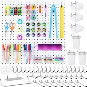 INCLY 70PCS Metal Peg Board Kit with 1/4" Pegboard Accessories, 4 Pack White Pegboard Panels, Bins, Cups and Peg Board Hooks, Paper Towel Holder, Pegboard Wall Organizer for Craft Room, Office, Sewing