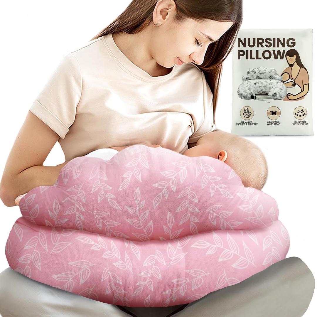 PILLANI Nursing Pillow, Breastfeeding Pillows for Enhanced Safety & Comfort for Mom & Baby, Removable Cotton Cover, Adjustable Waist Strap, Breastfeeding Essentials, Baby Registry Search (Pink Leaves)