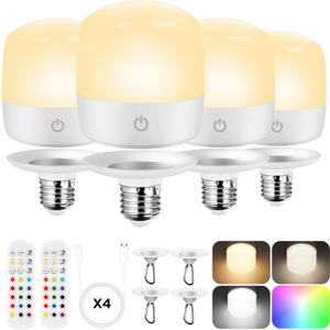 Rechargeable Battery Operated Light Bulb, Dimmable LED Bulb with Remote & Detachable Base, 4000mAh E26 Battery Powered Light Bulb for Non-Hardwired Lamps with 15 Colors Selectable & 3 Timer, 4Pack