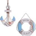 2 Pack 13" Nautical Beach Wooden Ship Wheel and 13" Wooden Anchor with Rope Nautical Boat Steering Wheel Rudder Anchor Wall Art Decor Door Hanging Ornament Beach Theme Home Decoration (Star Blue)