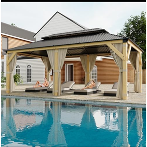 HarmonyHealth 12 x 20 Ft Wood Gazebo, Upgrade Wooden Frame, Double Galvanized Steel Roof, Hardtop Gazebo with Nettings and Curtains for Backyard, Patio, Garden and Lawn, Khaki