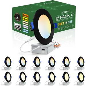 zouzai 12 Pack 4 Inch Black 5CCT Reset Ultra-Thin LED Recessed Ceiling Light with Junction Box, 2700K/3000K/3500K/4000K/5000K Selectable, 9W Dimmable, led can Lights - ETL and Energy Star Certified (5CCT-Black)
