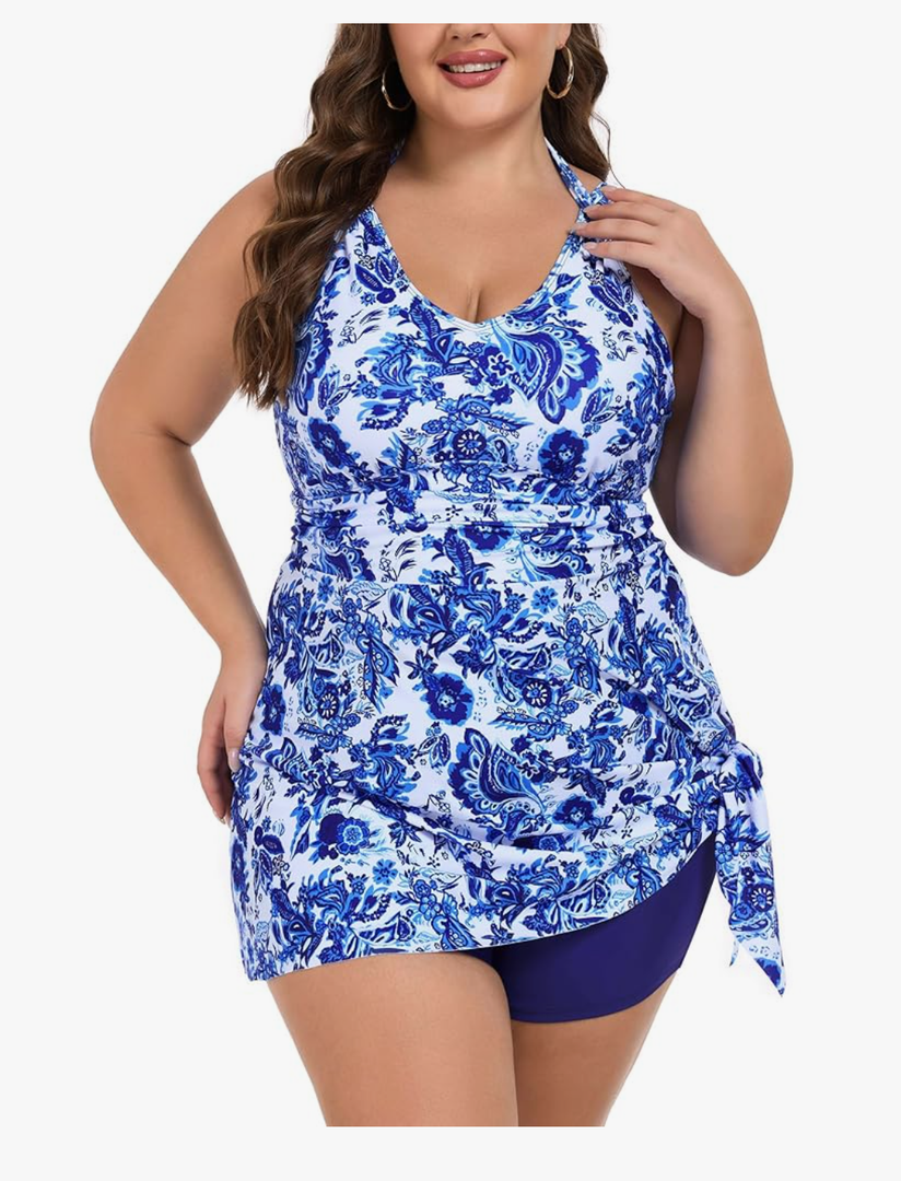 Hanna Nikole Women Plus Size Two Piece Tankini Swimdress V Neck Halter Floral Asymmetrical Hem Skirted Swimsuit with Boyshort, 24 W