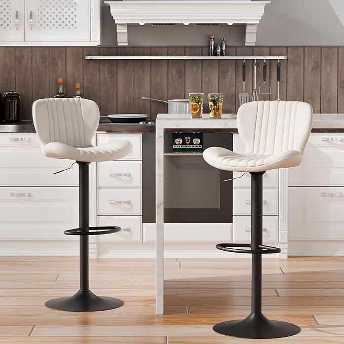 Shintenchi Bar Stools Set of 2 Modern Swivel Bar Chairs, Counter Height Faux Leather Metal Barstools, Upholstered Island Chairs with Back and Footrest, Beige, 16"D x 16"W x 42.9"H