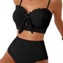 Herseas Women's Seashell Textured Bikini Sets Knotted Front 2 Piece Swimsuits Ruffle Trim Bathing Suits (Black, M)