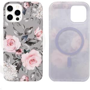 Magnetic Case for iPhone 12/12 Pro 6.1" Compatible with MagSafe - Soft TPU, Slim, Shockproof, Protective, Cute Gray Pink Floral & Screen Protector