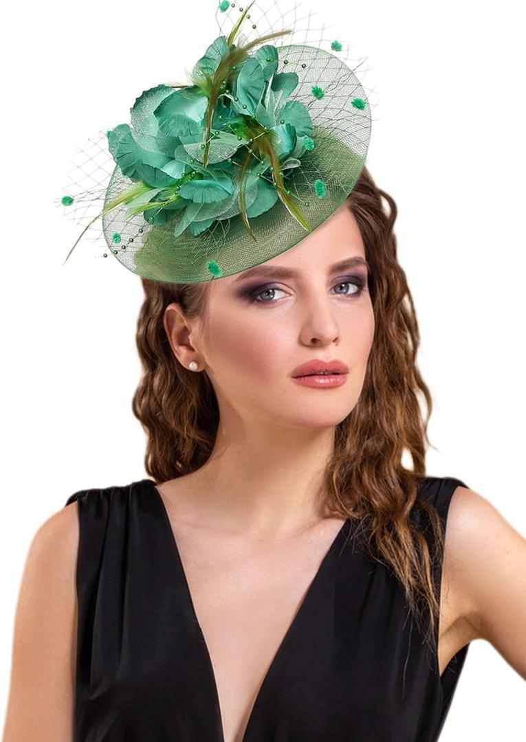 Fascinators Hats Women Pillbox Hat Feathers Derby Headband Wedding Headwear Tea Party Hair Clip 20s 50s Top Hat (Green)