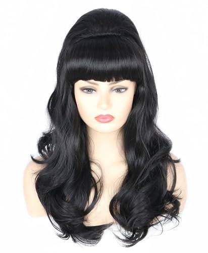 Topcosplay Women Wigs Black Beehive Wigs Bouffant Wig Long Wavy Halloween 60s 70s Costume Party Wig