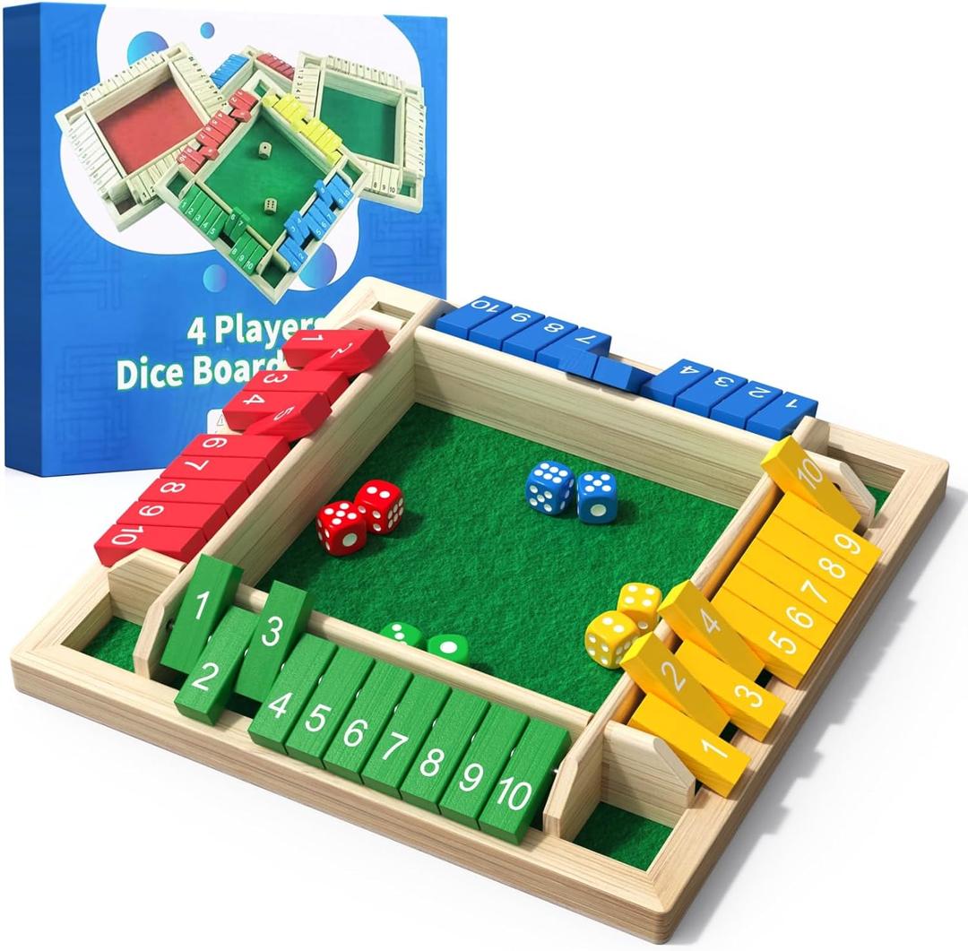 Shut The Box Game Wooden with Dice, 2-4 Player Math Strategy Game for Adults Kids - Close The Box Board Number Learning Activity, Family Travel Pub Games