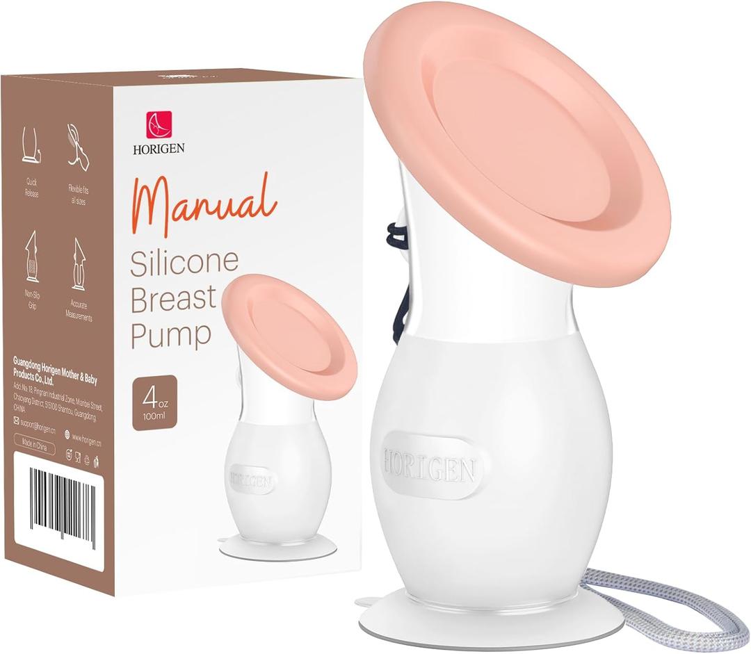 HORIGEN Manual Breast Pump for Breastmilk, 4 Ounce BPA-Free & Food Grade, Portable Leak-Proof Lid & Suction Base Silicone Wearable Hand Pump Collectors for Expressing Milk, Home, Work, Travel