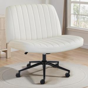 OLIXIS Criss Cross Chair with Wheels Wide Cross Legged Office Desk Vanity Chair Comfy Fabric Armless Adjustable Swivel for Home Computer Task PU Beige, Luxurious