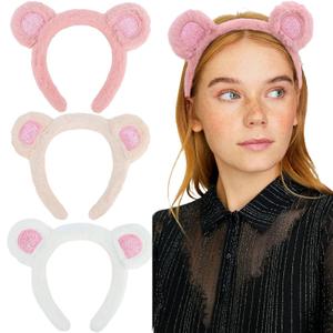 Mouse Ears Headband 3 Pcs Skincare Headbands Cute Bear Ears Headwear (White, Pink, Khaki)