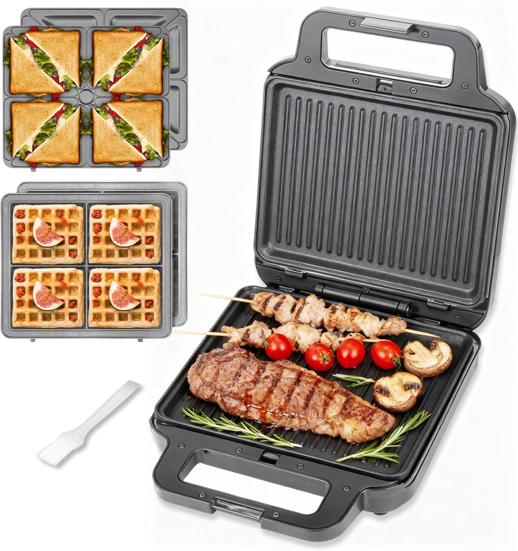 Panini Grill Press Breakfast Sandwich Maker 3 in 1, Electric Griddle Panini Press, Grilled Cheese Maker, Sandwichera Electrica, Belgian Waffle Maker with Removable Plates