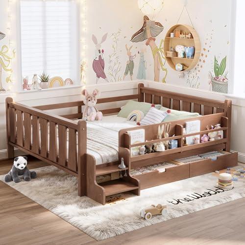 Bellemave Natural Montessori Bed with Stairs and 2 Storage Drawers, Queen Size Montessori Bed Frame with Large Bookcase, Headboard and Footboard, Low Profile Beds Frame for Girls, Boys, Queen