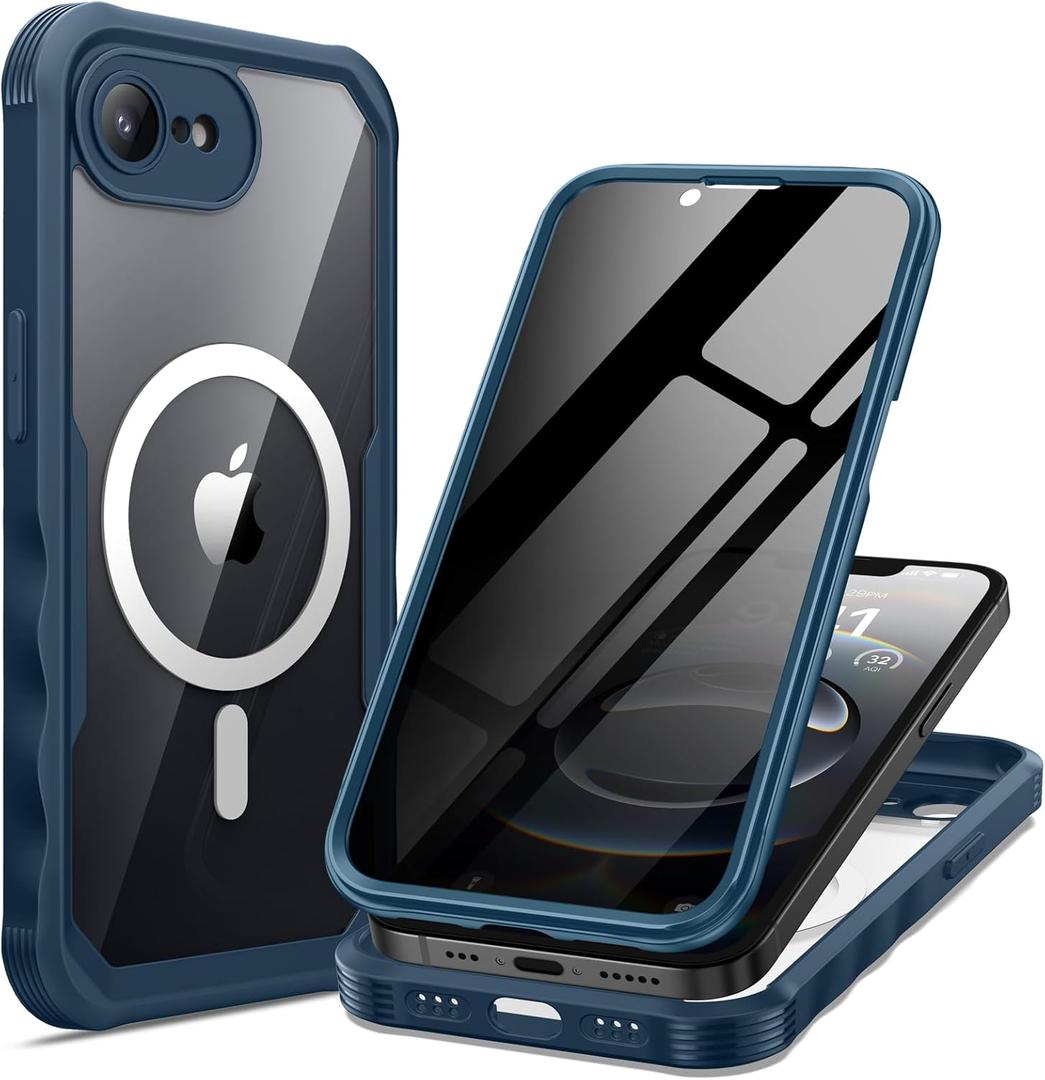 seacosmo for iPhone 17e 16e Case, Full Body Bumper with Built-in Tempered Glass Privacy Screen Protector and Camera Lens Protection, Compatible with MagSafe, Shockproof 17E 16E Phone Case, 6.1", Blue