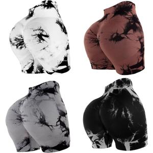 4 Piece Women Workout Shorts Tie Dye High Waist Butt Lifting Shorts Tight Women Workout Gym Yoga Sports Shorts (Black, XXL)