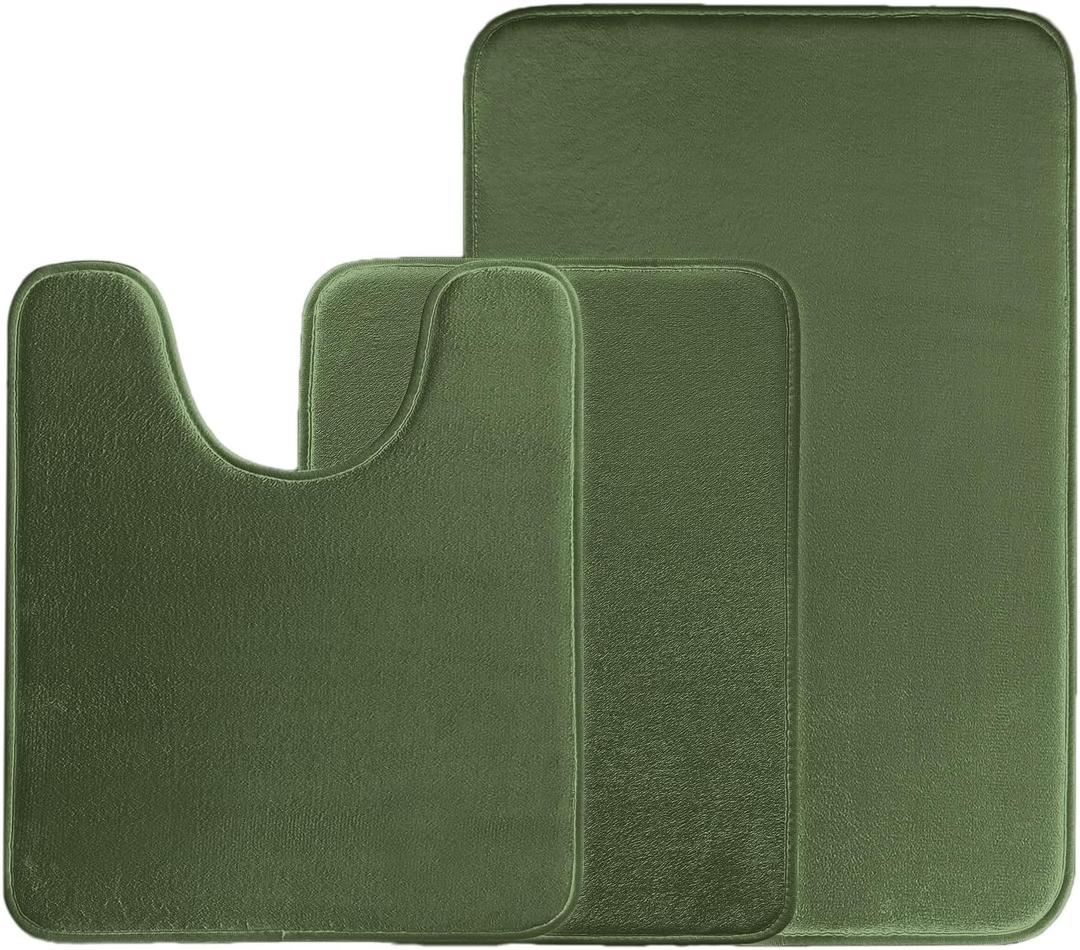 BSAOUTZ 3Pcs Bathroom Rugs Set, Memory Foam Bath Mat Set, Soft Absorbent Non-Slip Bathroom Mats, Machine Washable Quick Dry Bathroom Decor - Perfect for Shower, Bathtub Green (Classic-16"x24"+20"x32"+U Shape 20"x24")