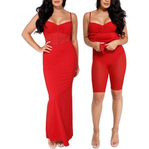 Popilush Shaper Dress Lace Formal Maxi Dresses with Built in Shapewear Corset Cocktail Party Dress Evening Gown (Red). M Size