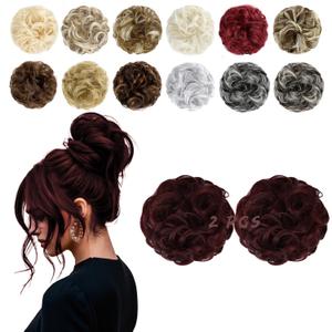 2 PCS Messy Bun Hair Piece Wavy Curly Hair Bun Scrunchies Extensions Synthetic Chignon Thick Updo Hairpieces for Women GirlsGrape Red