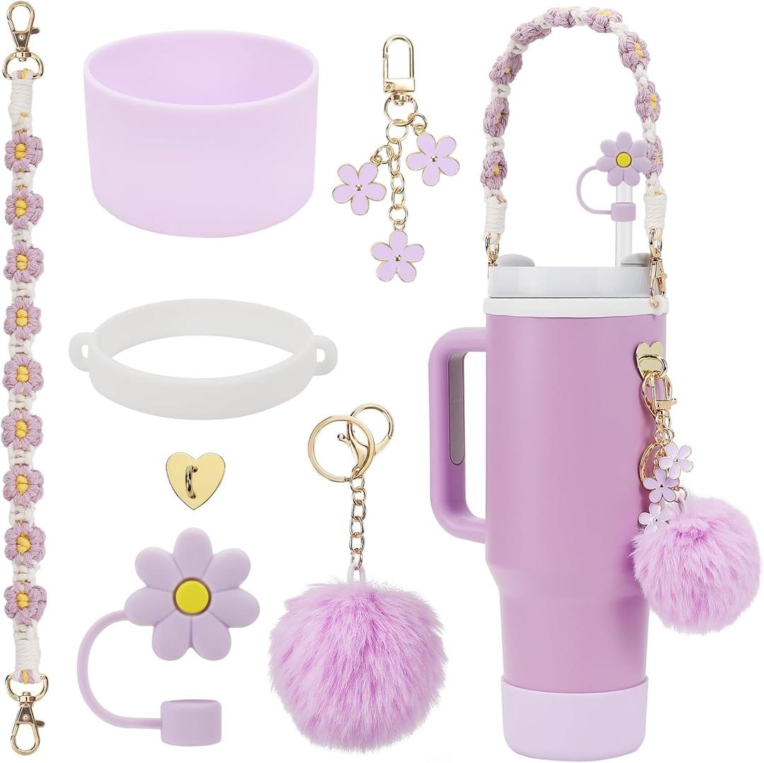 Stanley Cup Accessories Set Including Water Bottle Handle Strap, Silicone Stanley Cup Boot, Silicone Straw Cover, Stanley Charms for Stanleys Cup 40oz & 30oz Tumbler (Purple)