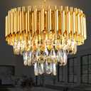 Gold Crystal Chandelier 3-Tier Dining Room Chandelier Light fixtures Modern Chandeliers for Dining Room Small Pendant Light Fixture for Living Room Foyer Kitchen Island Entryway Round 5 Light W15.7