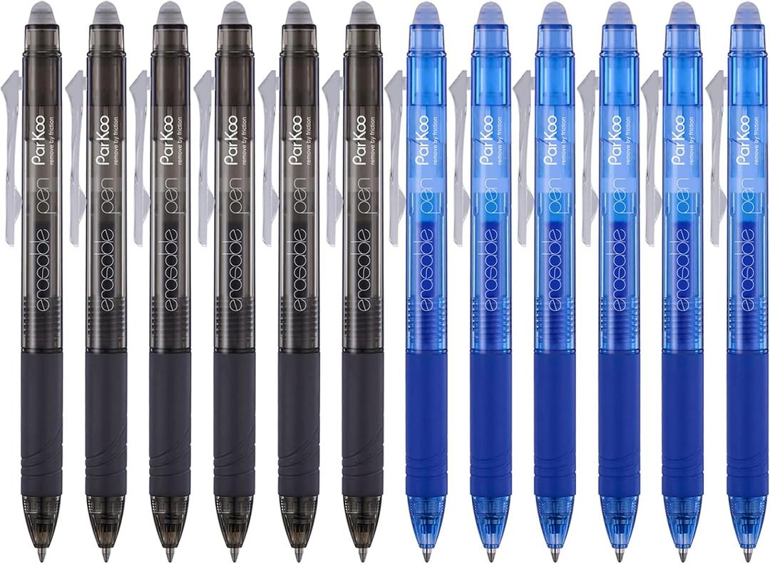 ParKoo Retractable Erasable Gel Pens Clicker Fine Point 0.7 mm, No Need for White Out, 6 Black/6 Blue Ink for Completing Sudoku and Crossword Puzzles (2 Colors)