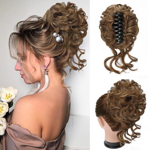 Foaoit Claw Clip Messy Bun Hair Pieces for Women Messy Wavy Curly Hair Bun Extensions Tousled Updo Bun Hair Clip in Synthetic Hair Bun Ponytail Extension(Medium Golden Brown)