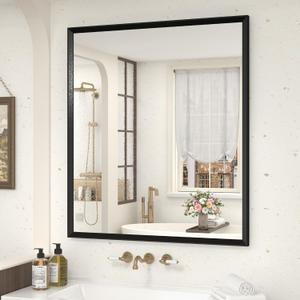 28" x 32" Matte Black Framed Bathroom Mirror for Wall, Rectangular Beveled Vanity Mirror with Aluminum Alloy Frame, Right Angle Corner, HD Reflection, Horizontal or Vertical Mount