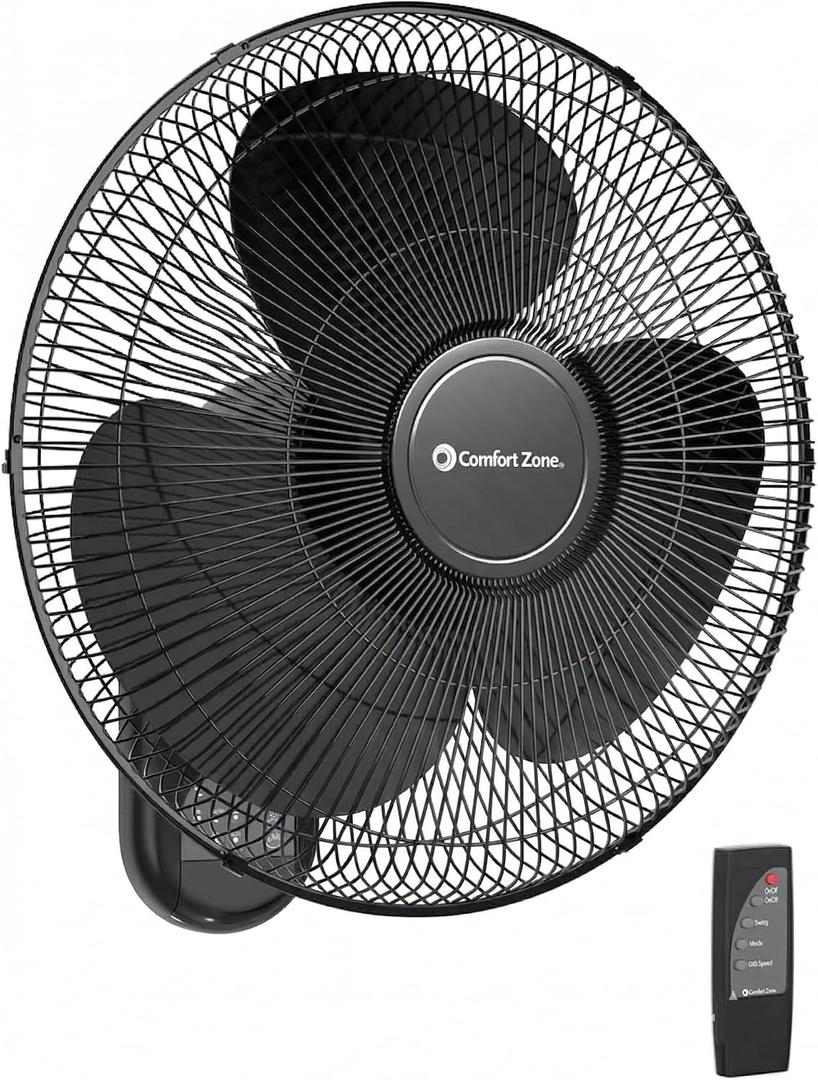 Comfort Zone 16-Inch Wall Mount Fan with Remote Control Quiet 3-Speed Oscillating Indoor Fan with 90 Wide-Angle Airflow, Timer & Sleep Modes Space-Saving Wall Fan for Bedroom, Home Gym & Office